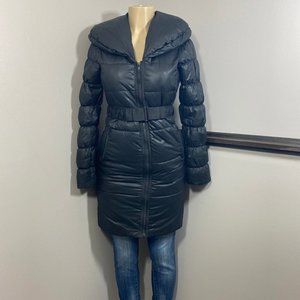 H&M Black Puffer Coat Long XS 2 Belt Pockets